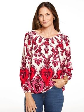 Talbots Plus Watercolor Red and White Damask Boho Pillow Sleeve Lightweight Top